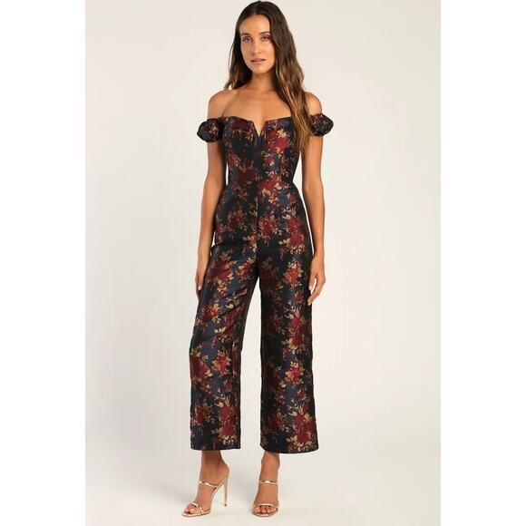NWT Lulu's Navy Floral Wide Leg Jacquard Jumpsuit Size Lg Heritage Victorian - Picture 1 of 6